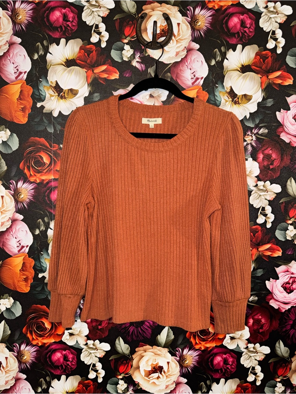 Madewell Rust Orange Ribbed 3/4 Sleeve Top, Medium